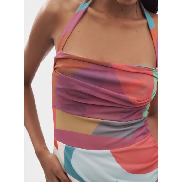 Anthropologie Square-Neck Halter Midi Dress Size M Petite Pink Pattern - Picture 4 of 9